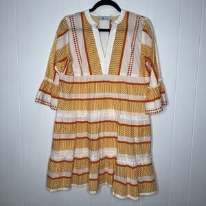 Bindu Women’s Glenda Tiered Mini Dress Orange Striped Chevron Size Medium